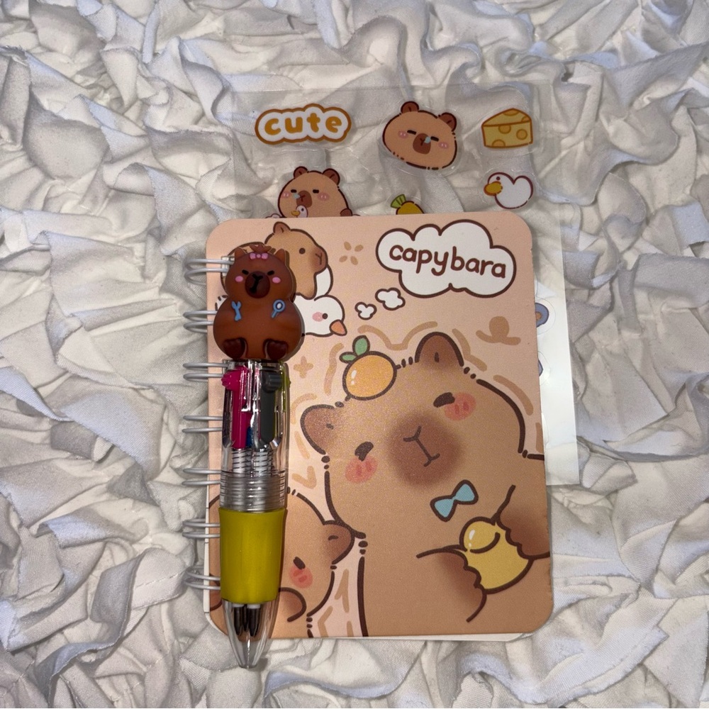 Cute Capybara Mini Notebook, Yellow Pen and Stickers